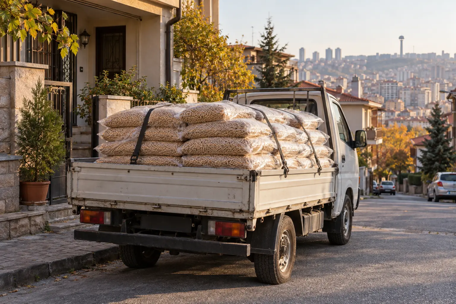 Pelet çuvallarını teslimata götüren kamyonet